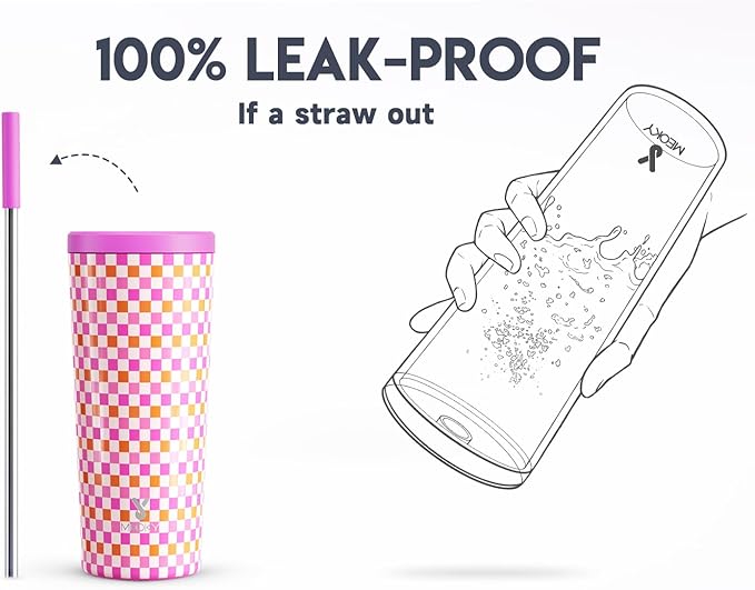 Meoky 24 oz Insulated Tumbler with Lid and Straw, Stainless Steel Vacuum Insulated Tumbler, Keeps Cold for 24 Hours, 100% Leak Proof, Fits in Car Cup Holder (Candy)