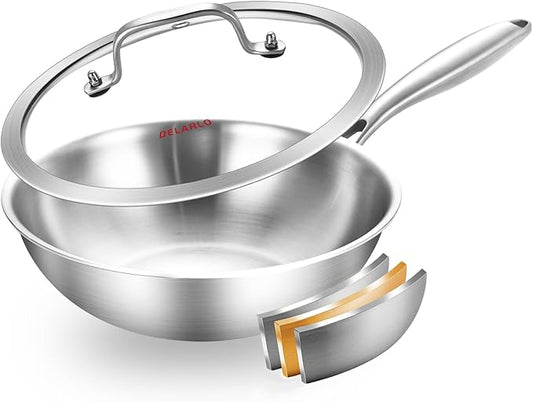 DELARLO Whole Body Tri-Ply Stainless Steel Wok 9.45 inch, Deep Kitchen Stir-Fry Pan, Small Wok Pan with Lids, Induction Mini wok, Suitable for All Stove, Up to 650℉, Detachable Handle