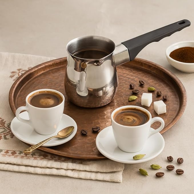 Fino Stainless Steel Turkish Coffee Pot - Professional 18/8 Warmer for Stovetop Coffee, Milk, Tea, Hot Chocolate - Delicious Daily Beverages - 12-Ounce