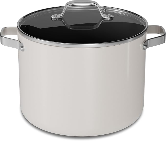 Bakken 12.5 Quart Ceramic Coated Stock Pot with Lid, Easy Clean Nonstick Pot, Tempered Glass Lid, Riveted Stainless Steel Handles, Oven Safe Up To 500°F, PTFE & PFAS Free, All Stove Compatible, Cream
