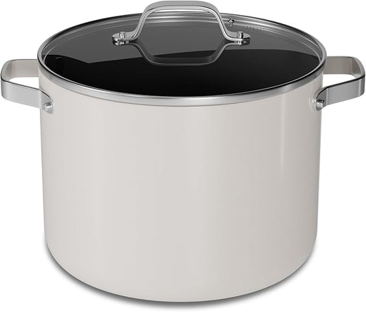 Bakken 12.5 Quart Ceramic Coated Stock Pot with Lid, Easy Clean Nonstick Pot, Tempered Glass Lid, Riveted Stainless Steel Handles, Oven Safe Up To 500°F, PTFE & PFAS Free, All Stove Compatible, Cream