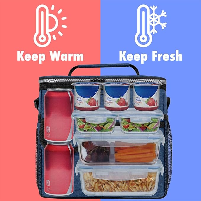 opux Insulated Lunch Bag for Men Women, Leakproof Heather Navy Lunch Box for Work, Portable Soft Lunch Cooler Bag with Shoulder Strap, Adult Lunchbox Lunch Pail for Kid Boy Girl School, 18 Can/10L