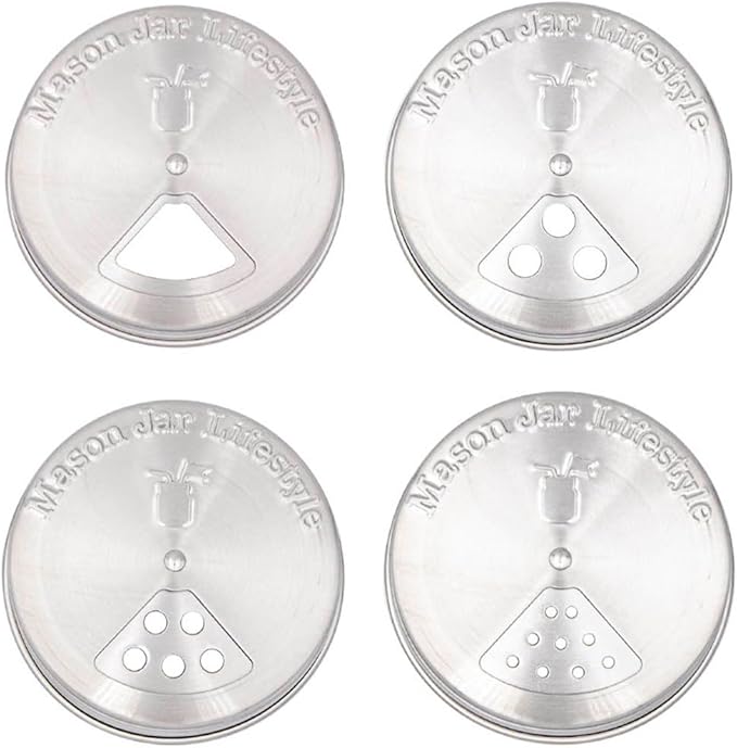 Mason Jar Lifestyle Adjustable Spice Shaker Lids for Regular Mouth Mason Jars – 4 Pack Stainless Steel Tops with Shaker and Pour Options – Seasoning Dispenser Lids