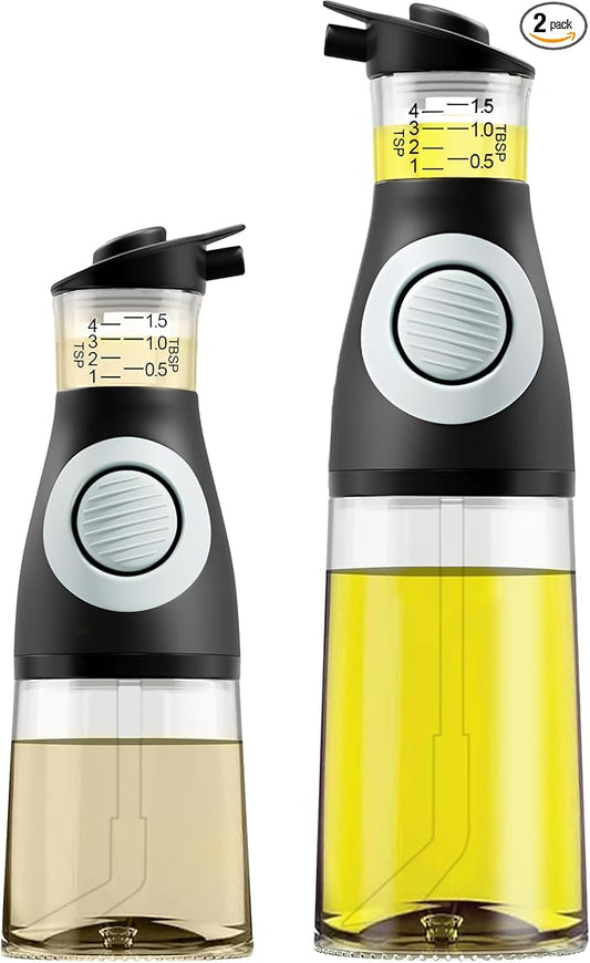 Belwares Oil and Vinegar Dispenser Set with Measuring Cup - 2 Glass Olive Oil Dispenser Bottles for Kitchen - Cooking Oil Bottle Set, Drip-Free Cruets for Salad Dressing, BPA-Free, Dishwasher Safe