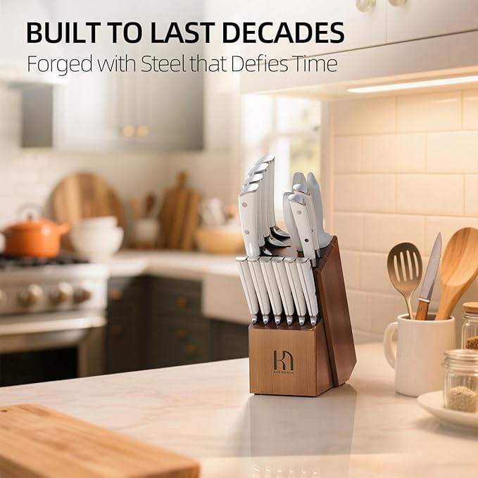 Kitchen Knife Set Premium, Japanese High Carbon Stainless Steel 15 Pcs Enduring Ultra Sharp Knife Block Set with Sharpener and Wood Block, Professional White Chef Knives set for Kitchen