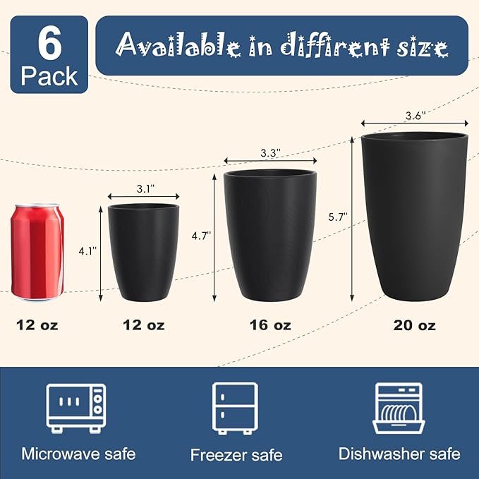 Wheat Straw Large Cup Set of 6, Unbreakable 20 OZ Tumbler, Alternative to Plastic Reusable Cups for Kitchen & Outdoor, Stackable Drinking Glasses, Dishwasher Safe Cup Set, Black