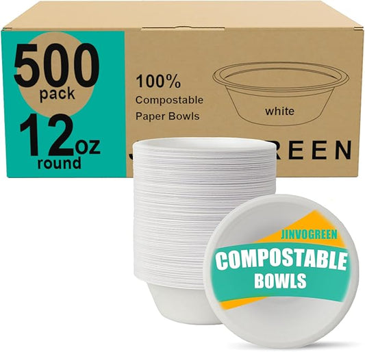 500 Count 12 oz Paper Bowls, Disposable Compostable Bowls Bulk, Heavy Duty Biodegradable Bagasse Bowl for Snacks, Soup, and Salads, White