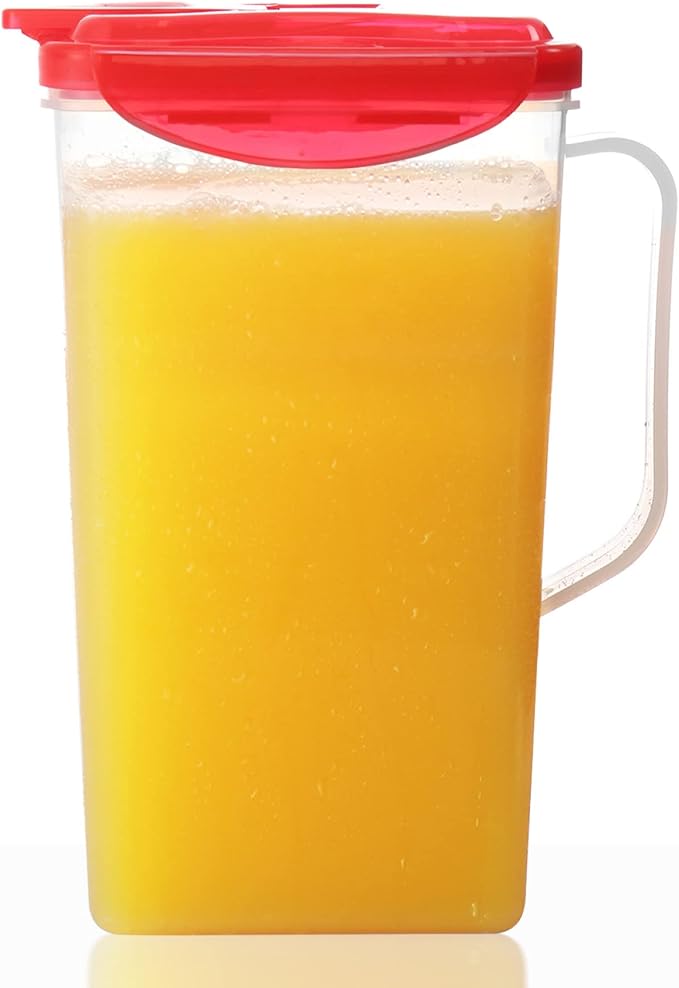 Pitcher 50 Oz. | Plastic Pitcher with Lid | Jug for Fridge | Juice Container with Lid | Iced Tea Pitcher | Airtight Pitcher with Spout Perfect for Lemonade, Water. BPA Free, Red (Small))