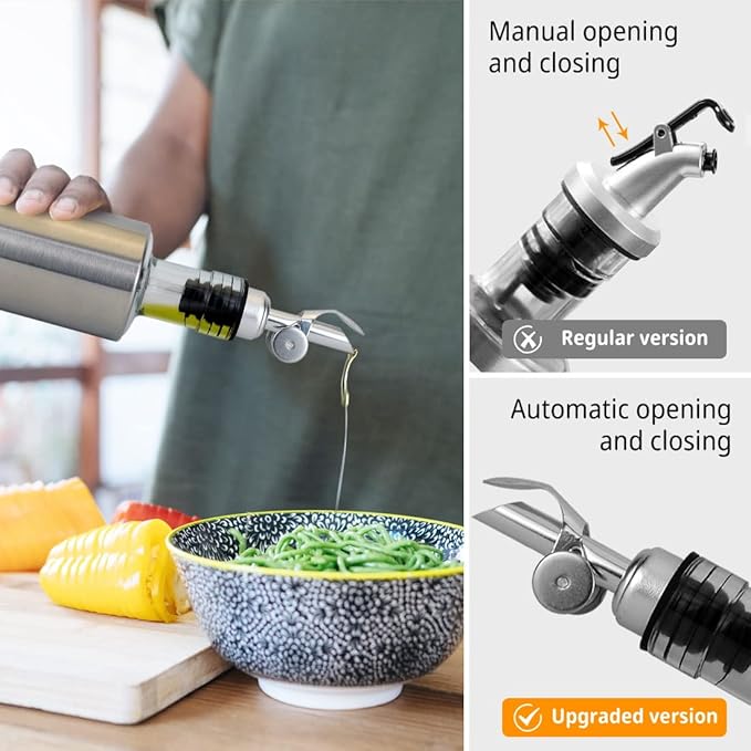 MEETSWEET olive oil spout,stainless steel automatic opening and closing spout, leak-proof, for olive oil, vinegar, wine and other liquid bottles (silver) 2pcs