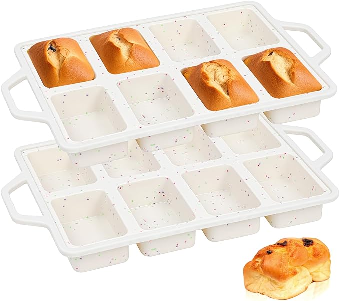 SJ Silicone Mini Loaf Pans with Metal Reinforced Frame-2 Pack, Non-stick Silicone Mini Bread Loaf Pans for Baking 8-Cavity, Tiny Banana Bread Set, Dishwasher Safe Brownie Pan-Cream