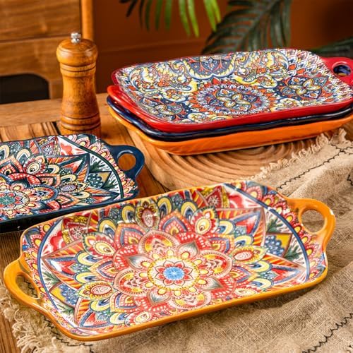 Boho Ceramic Serving Platters with Handles Set of 4, 12Inch Large Serving Dishes for Entertaining, Colorful Cute Porcelain Serving Plates for Sandwich, Appetizer, Fruit, Microwave Oven Safe Mix-color