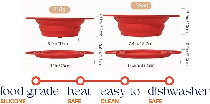 Silicone Colander, Collapsible Colander, Kitchen Food Strainer, Colander with Handles, Space-Saving Design, 2-pack