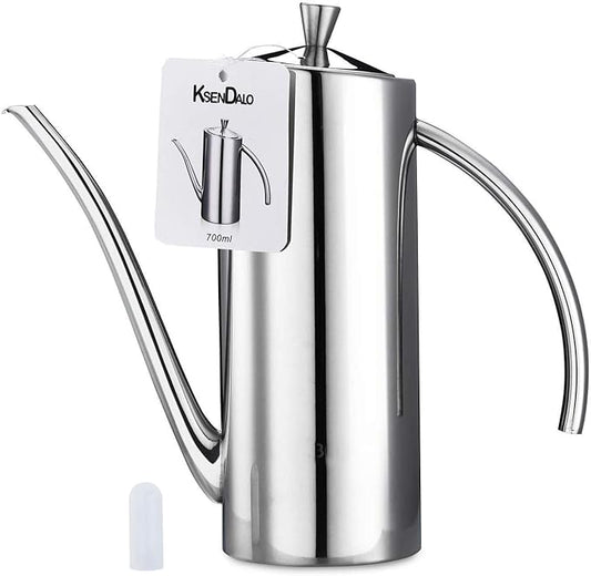 KSENDALO Premium Stainless Steel Olive Oil Dispenser (24oz/700mL) - Leakproof Kitchen Cruet & Olive Oil Bottle with Ergonomic ONE-Piece Body, Long Narrow Spout for Precision Pouring & Arc Handle
