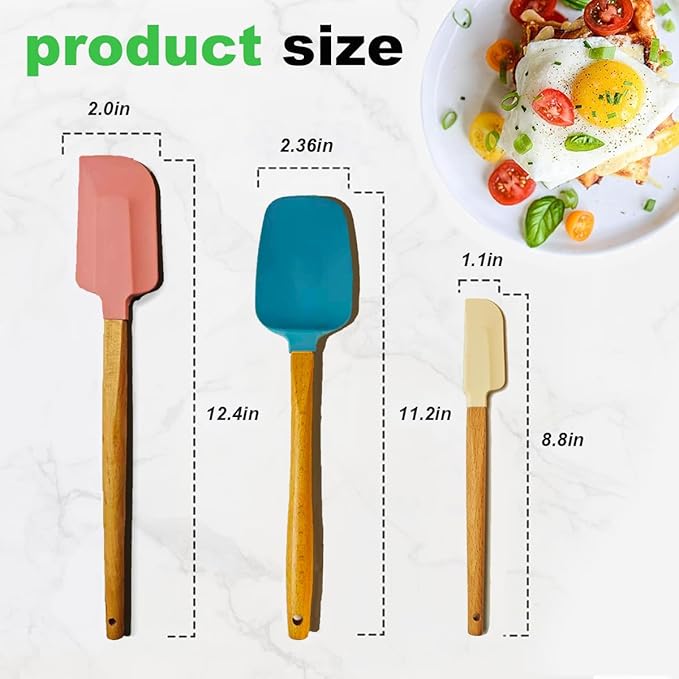 Silicone Spatula Set 3-Piece with Wooden Handles, Heat-Resistant for Mixing, Scraping, Cooking, Baking, Coral Pink, Royal blue, Cream