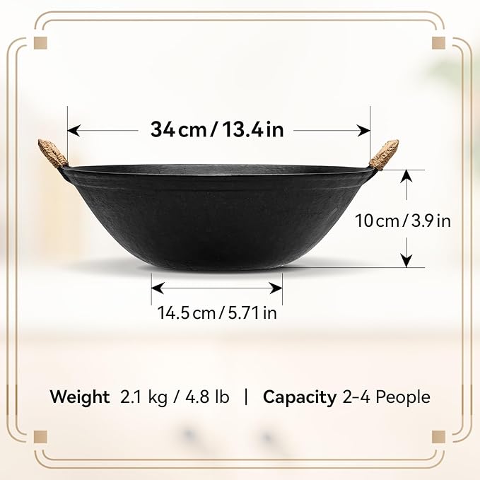 WANGYUANJI Cast Iron Wok Pan with Lid, 13.4 Inch Flat Bottom Large Deep Stir Fry Skillet, Heavy Duty Traditional Chinese Iron Pot for 3-5 People, Induction & Gas Ready