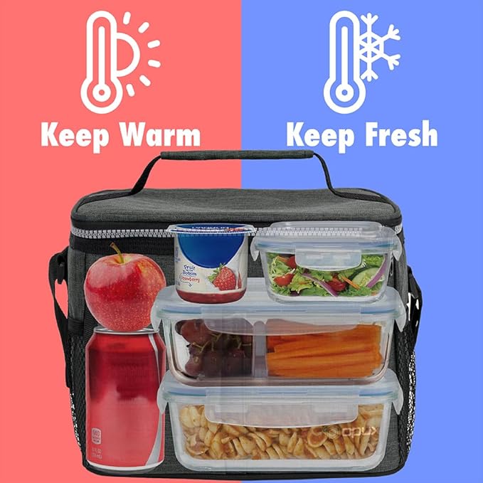 opux Insulated Lunch Bag for Men Women, Leakproof Charcoal Grey Lunch Box for Work, Portable Soft Lunch Cooler Bag with Shoulder Strap, Adult Lunchbox Lunch Pail for Kid Boy Girl School, 14 Can/8L