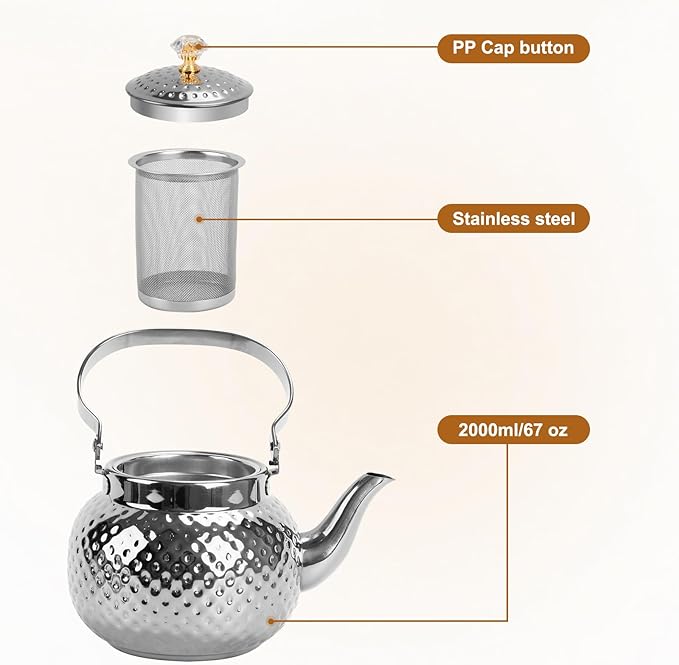 2L Hammered Tea Kettle, Stainless Steel Tea/Coffee Pot Loose Leaf Teapot for Tea, Milk, Coffee, 2L Teapot with Strainer Stovetop Tea Kettle, Outdoor Travel Supplies, Gift For Tea (Silver 2L)