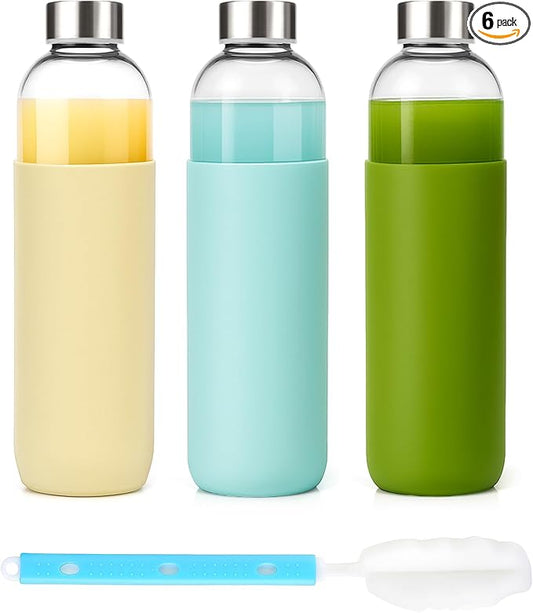 32 oz Glass Juice Bottles with Lids and Silicone Sleeve, Reusable Refillable Water Bottles for Juicing, Refrigerator,100% Leak Proof, BPA Free, Clear Glass Set of 3