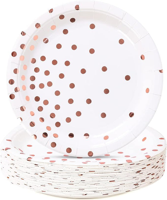 White and Rose Gold Party Supplies, Rose Golde Dot Paper Dessert Plates (50-Count)