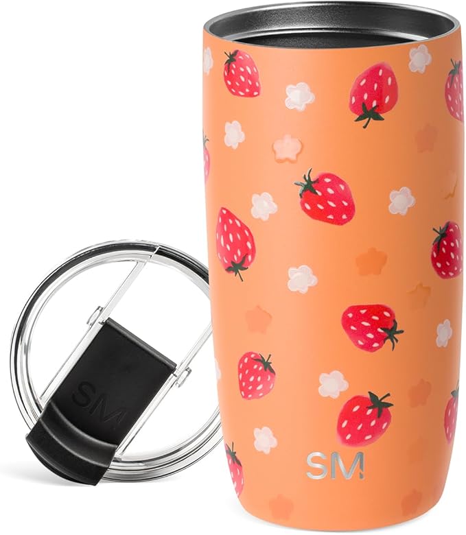 Simple Modern Voyager Tumbler with Flip Lid | Travel Coffee Mug | Insulated Stainless Steel Cold Brew Iced or Hot Coffee Cup | Gifts for Women Men Her Him | 16oz, Strawberry Fields