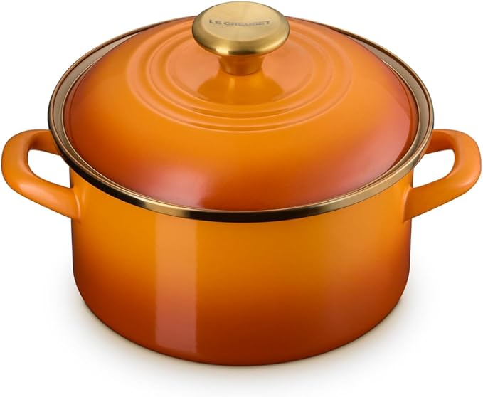 Le Creuset Enamel on Steel Traditional Petite Stockpot, 3.8 qt., Persimmon with Gold Accents