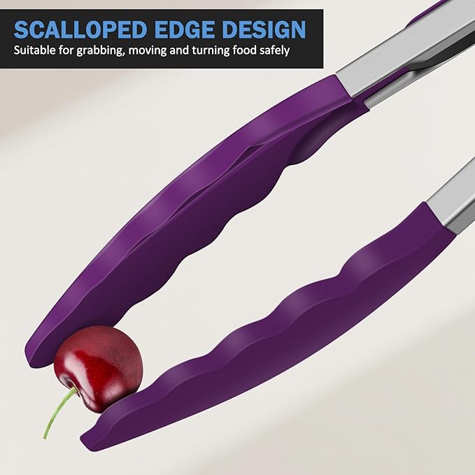 Kitchen Tongs, Stainless Steel Cooking Tongs with Silicone Tips, 600ºF High Heat-Resistant Non Scratch Locking Tongs for Cooking BBQ Grilling Air Fryer Pans, Set of 2 (7" 9" and 12") Purple