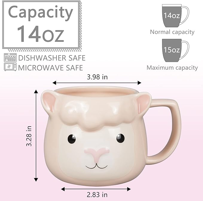 Llama Coffee Mug 14 oz Ceramic Novelty Coffee Mug 3D Porcelain Tea Mug for Women Christmas Housewarming Holiday Birthday Gifts for Women Mom Kids Teacher and Best Friend Pink
