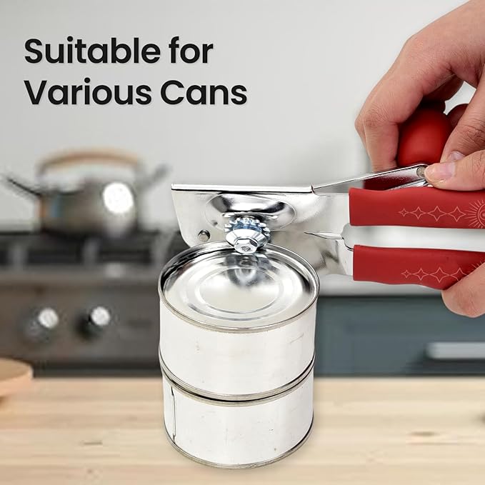 Manual Can Opener with Magnet, Heavy Duty Hand Can and Bottle Opener with Stainless Steel Blade and Rubber Grip, Smooth Cutting Hand Can Openers for Senior, Magnetic Lid Remover Kitchen Tool (Red)