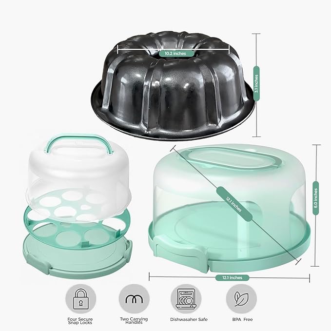 10 inch Buntz Cake Pan Non stick with 12in Cake Carrier for Easy Transportation - Premium Fluted Cake Pans For Oven, Cake Mold, Moldes para Gelatinas