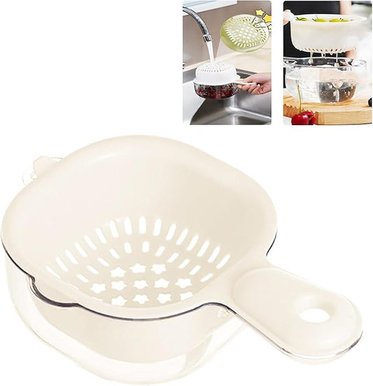 Small Fruit Colander,Fruit Rinser Strainer Container Dual-Layer Vegetable Cutting And Draining Basket,Watermelon Bowl With Strainer For Mini Berry And Tomato Grape Washer (White)