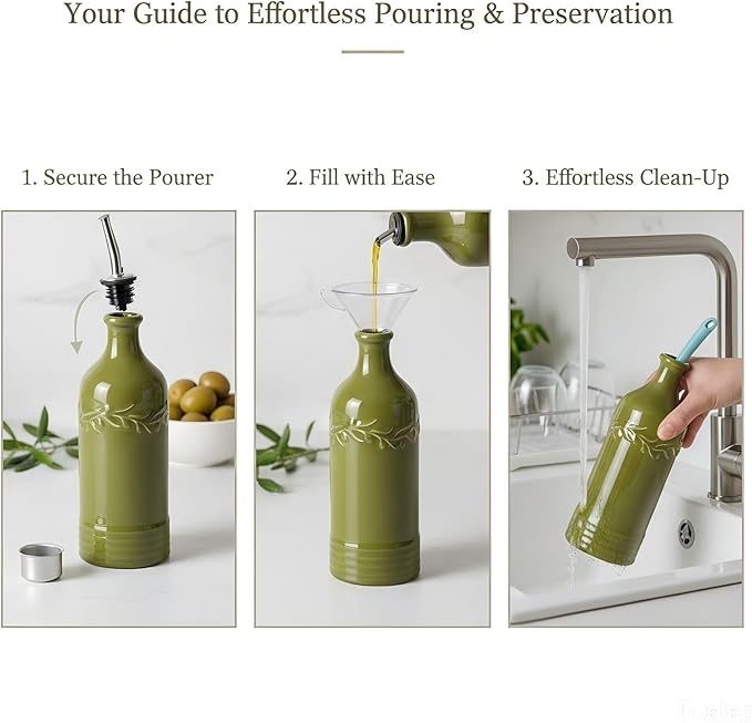 ONEMORE Ceramic Olive Oil Dispenser Bottle with Pour Spouts & Funnel, 17 oz Refillable Kitchen Oil Dispenser for Cooking, Drizzling, Dressing, Modern Leakproof Oil and Vinegar Dispenser, Olive Green