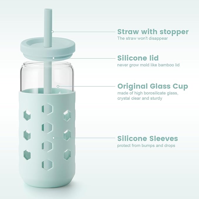 Glass Cups with Lids and Straws (4 Pcs), 20oz Drinking Glasses Set with Silicone Sleeves for Coffee Bar Accessories Iced Coffee Cups with Lids, Glass Tumbler Reusable for Gifts
