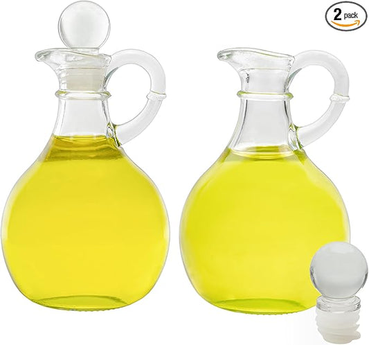 Cornucopia Brands Glass Oil and Vinegar Cruets (Set of 2); 8oz Round Oil Dispensers / Salad Dressing Bottles with Stoppers