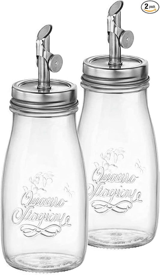 Bormioli Rocco 13.5 oz Quattro Stagioni Oil Dispenser, Set of 2 – Lead-Free Glass Bottles with Weighted Pour Spout for Oil, Vinegar, Syrup & Cocktail Mixers, Durable Kitchen & Bar Containers