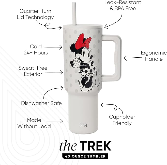 Simple Modern Disney 40 oz Tumbler with Handle and Straw Lid | Insulated Reusable Stainless Steel Water Bottle Travel Mug | Gifts for Women Men Him Her | Trek Collection | 40oz | Minnie Mouse Love