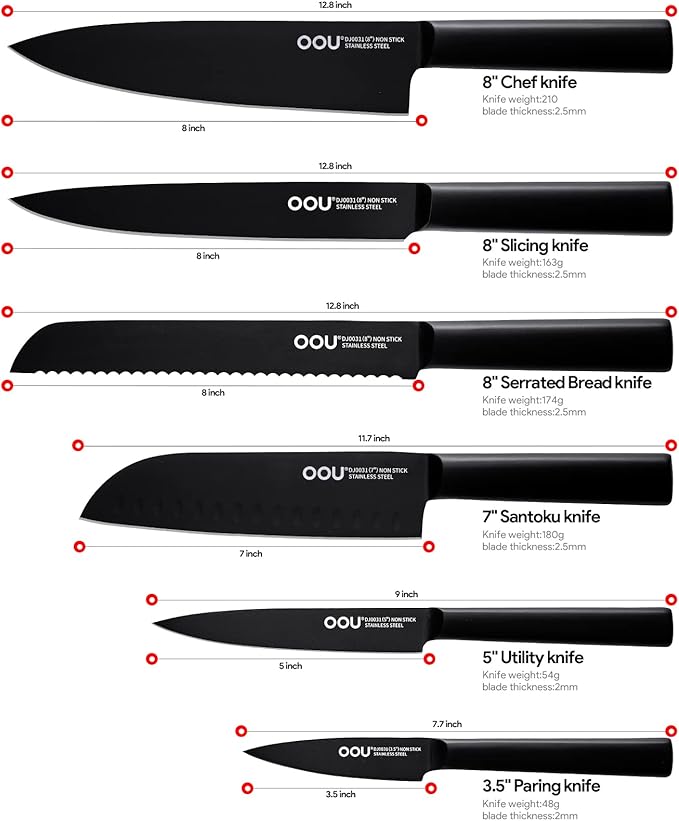 OOU Knife Set with Block and Sharpener, 6 Pcs High Carbon German Steel Kitchen Knife Block Set, Dishwasher Safe Knife Set for Small Kitchen, Space-Saving, Anti-Rust