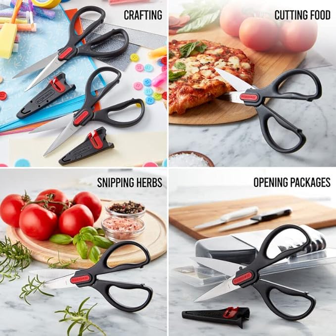 Farberware All Purpose and Utility scissors with Edgekeeper Sharpening Sheaths, Strong and Durable Multi Use Scissors, 2-Piece, Black/Red