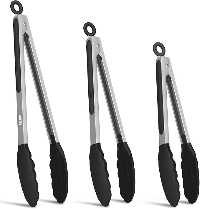 Kitchen Tongs, Stainless Steel Cooking Tongs with Silicone Tips, 600ºF High Heat-Resistant Non Scratch Locking Tongs for Cooking BBQ Grilling Air Fryer Pans, Set of 2 (7" 9" and 12") Black