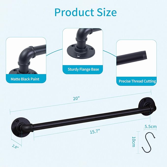 Wall Mounted Pan Pot Rack 21'' Set of 2, Industrial Iron Pipe Utensils Lid Organizer Wall Hanger Bar Kitchen Hanging Rail with 10 S Hooks