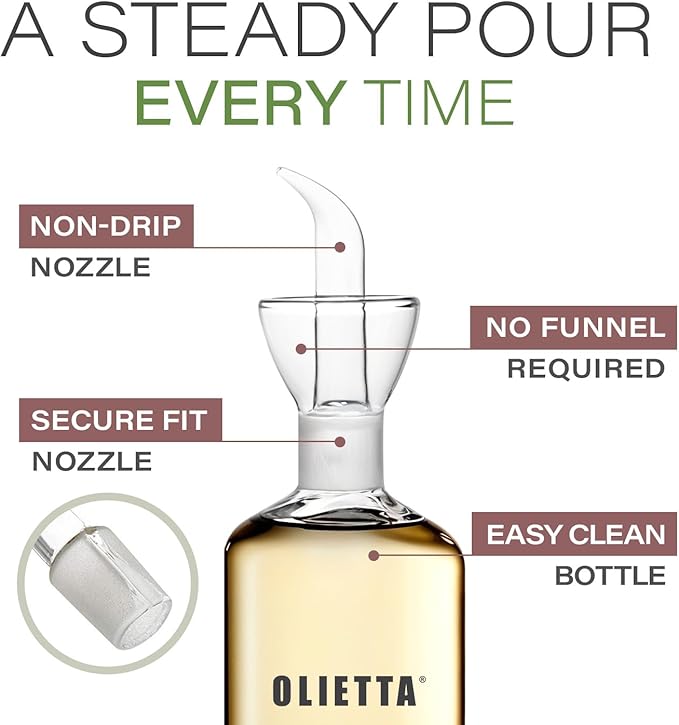 Olietta Olive Oil Dispenser Bottle Borosilicate Glass - 4.2 oz 125ml Non Drip Dispenser - Leak Proof Pourer Vinegar Drizzler Cruet - Easy Clean Drip Free Bottles for Kitchen