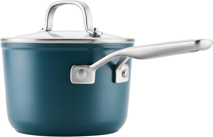 KitchenAid Hard Anodized Ceramic Induction Nonstick Cookware Saucepan with Lid, Dishwasher Safe, 2 Quart Non Stick Sauce Pan with Stainless Steel Handle - Agave Blue