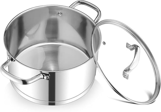 TeamFar 6QT Stainless Steel Stock Pot, Tri-ply Base Cooking Pasta Sauce Soup Pot with Glass Lid for Induction/Gas/Ceramic Stoves, Transparent Cover & Double Handles, Heavy Duty & Dishwasher Safe