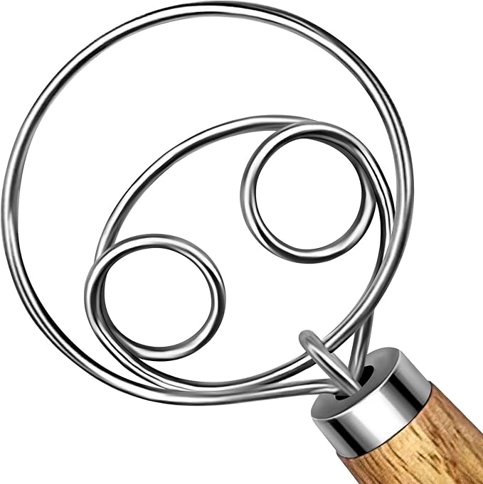 TEEVEA Danish Dough Whisk Stainless Steel Dough Hook Dutch Whisk for Sourdough Bread Mixer Hand with Wooden Handle Kitchen Whisking Mixing Tool Bread Making Tools