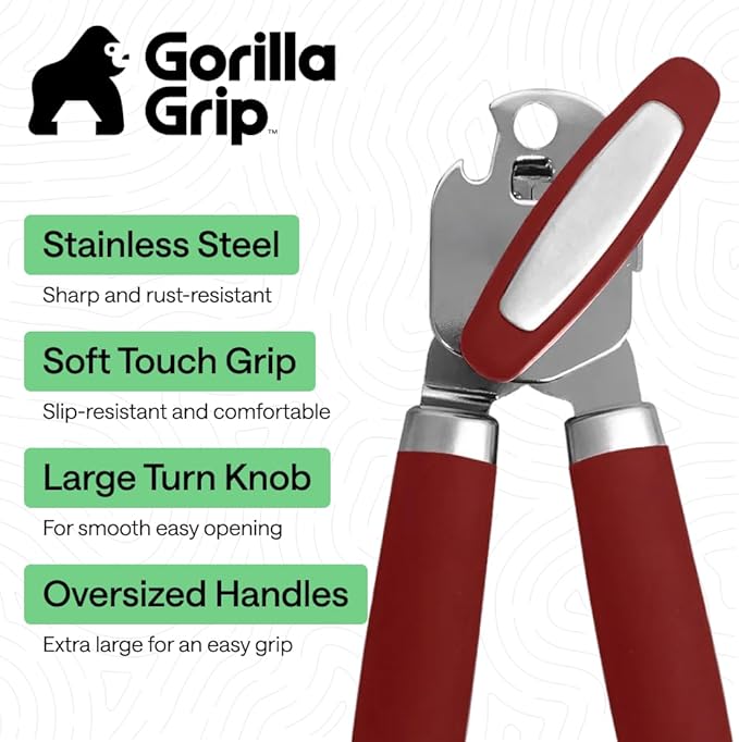 GORILLA GRIP Heavy Duty Stainless Steel Smooth Edge Manual Can Opener and Bottle Openers, Soft Comfortable Handle, Oversized Handheld Turn Knob, US Designed Multifunctional Kitchen Tool, Red