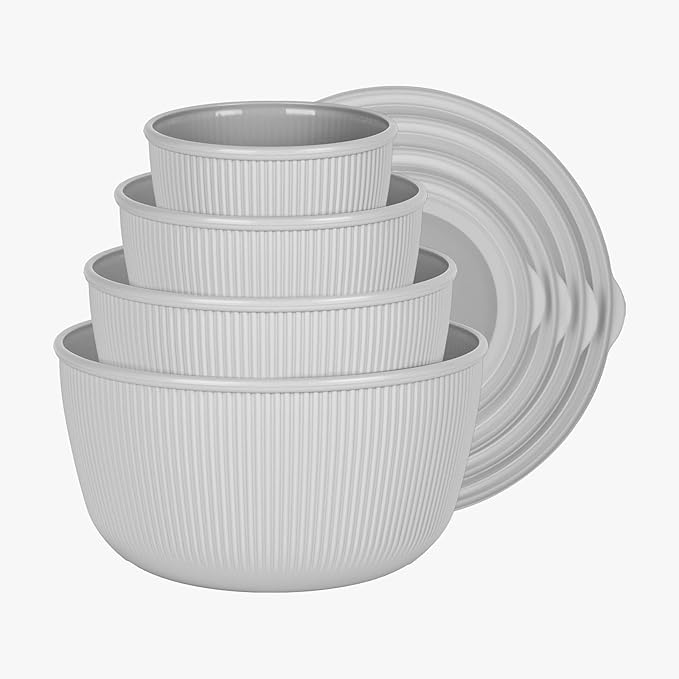 BoxedHome Nesting Plastic Mixing Bowls, BPA-Free Plastic, Microwave and Dishwasher Safe, Set of 4, 1.27/2.22/3.38/4.76quart, Grey
