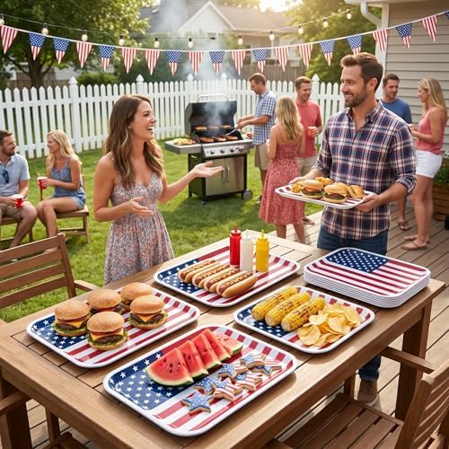 Vesici 6 Pack 4th of July Serving Trays 13x10 Inch American Flag Melamine Platter 250th Anniversary Patriotic Party Supplies Rectangular Food Platters for American Memorial Day Outdoor Picnic