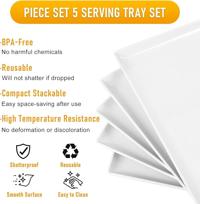 Moretoes 5pcs Melamine White Serving Trays for Party, Reusable Serving Dishes,14.5 x 6,Unbreakable Rectangle Plates, for Cookie, Appetizer, Charcuterie, Snack, Dessert, Food Display