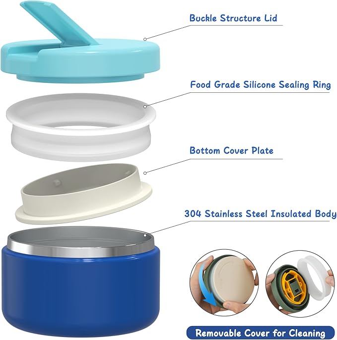 Bento Lunch Box Kids with 8oz Soup Thermo, Leak-Proof Lunch Containers with 4 Compartment, Thermo Hot Food Jar and Insulated Lunch Box for School Blue