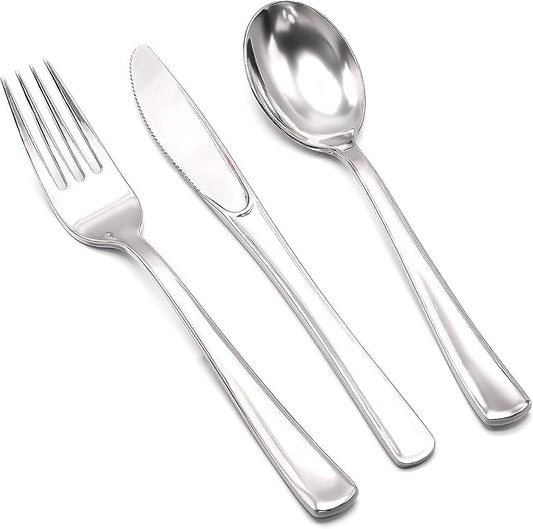 306 Count Heavy Duty Silver Plastic Silverware - 102 Forks, 102 Knives, 102 Spoons Disposable Plastic Utensils Set Plastic Flatware Bulk Cutlery Sets for Holiday Party Dinner Wedding Gathering