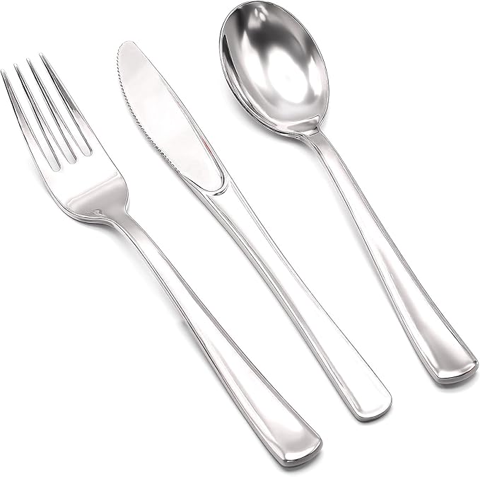 153 Pack Silver Plastic Silverware - Heavy Duty Silverware Set - 51 Forks, 51 Knives, 51 Spoons Plastic Cutlery Disposable for Holidays, Parties, Dinners, Weddings Gathering, Daily Use